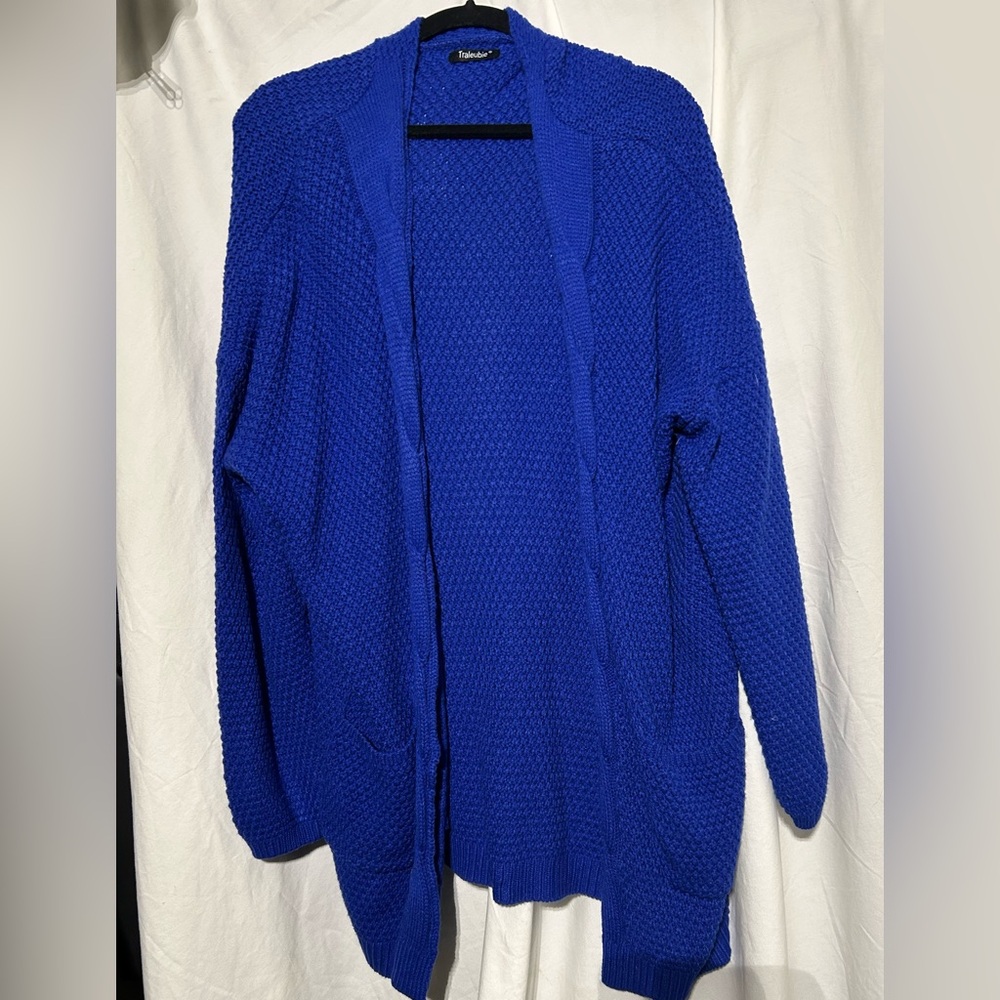 TRALEUBIE Boyfriend Cable Knit Shawl Front Cardigan Sweater Royal blue Large